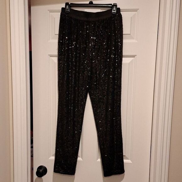 Ramy Brook Women's Pull on Sequin Trousers Pants Medium Black Party Sparkle - Picture 1 of 16